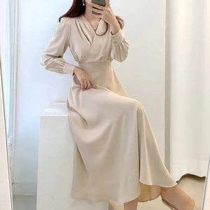 Medium Ivory long V neck elegant dress for work or event